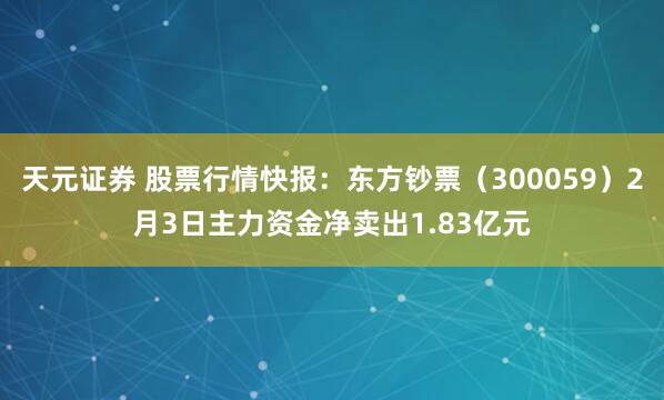 天元证券 股票行情快报：东方钞票（300059）2月3日主力资金净卖出1.83亿元